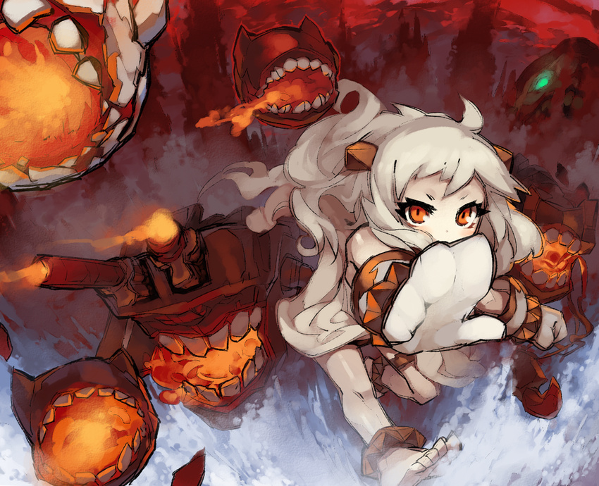 ahoge anklet barefoot gloves glowing glowing_eyes green_eyes itsukia jewelry kantai_collection long_hair looking_at_viewer md5_mismatch monster northern_ocean_hime open_mouth pale_skin red_eyes shinkaisei-kan solo turret white_hair