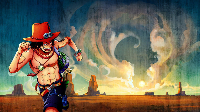1boy alabasta hat jewelry male male_focus necklace one_piece portgas_d_ace running sand smile topless