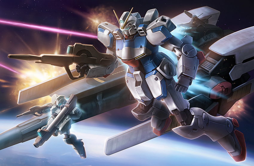 battle battleship beam_rifle dual_wielding energy_gun explosion gun gun-ez gundam mecha no_humans planet rocket_launcher space space_craft taedu v_gundam victory_gundam warship weapon