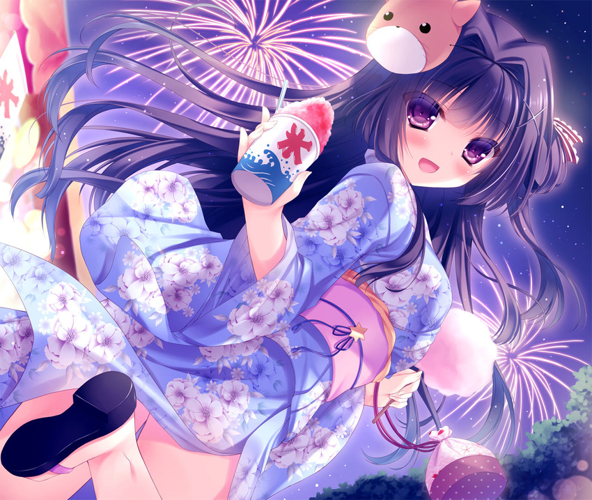 :d bag blush cup dutch_angle festival fireworks food_stand from_behind hair_intakes japanese_clothes kimono kinchaku long_hair looking_at_viewer looking_back mask mask_on_head night night_sky obi open_mouth pouch purple_eyes purple_hair sash shaved_ice shoe_soles sky smile solo spoon summer_festival walking yukata yukie_(peach_candy)