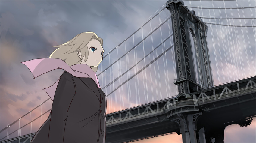 blonde_hair blue_eyes boots bridge coat long_hair new_york original scarf scenery seo_tatsuya sky solo walking