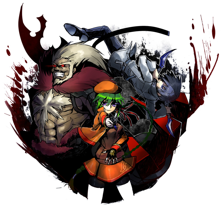 2boys abs aiming_at_viewer alternate_color bad_id bad_pixiv_id banned_artist beret bike_shorts chest_hair dagger dark_skin dual_wielding eltnum fingerless_gloves gloves green_hair gun handgun hat highres holding melty_blood multiple_boys pistol player_2 reverse_grip seth_(under_night_in-birth) shorts shorts_under_skirt silver_hair single_glove sion_eltnam_atlasia tsukihime under_night_in-birth v-neck waldstein weapon yusano