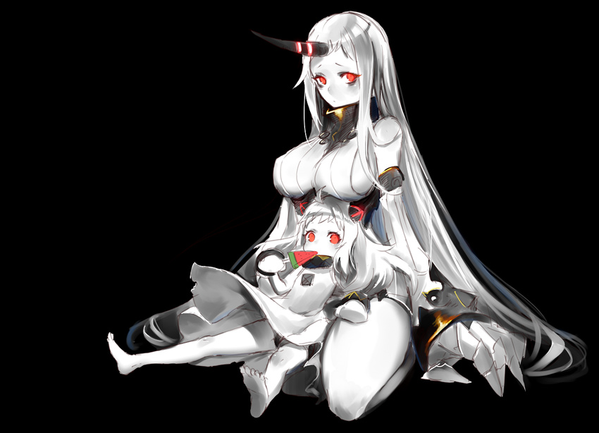 bare_legs bare_shoulders black_background black_panties breasts claws detached_sleeves dress food fruit horn horns kantai_collection large_breasts long_hair long_sleeves mittens multiple_girls northern_ocean_hime oversized_forearms oversized_limbs pale_skin panties popsicle red_eyes ribbed_dress seaport_hime shinkaisei-kan short_dress sideboob simple_background sitting sleeveless sleeveless_dress thighs underwear very_long_hair wariza watermelon watermelon_bar white_dress white_hair white_skin yu-ri