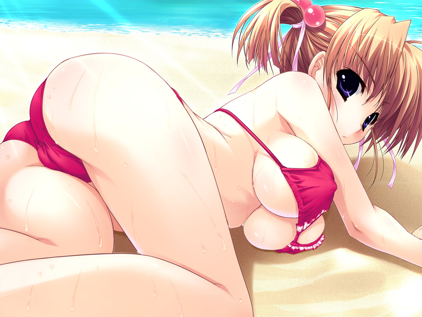 1girl ass beach blonde_hair blush breasts erect_nipples female hair_ribbon highres large_breasts looking_at_viewer lying masturbation nipples purple_eyes pussy ribbon shintarou short_hair solo sweat swimsuit twintails underboob