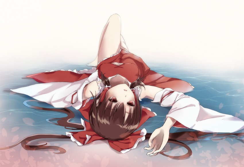 arm_up bad_id bad_pixiv_id bow breasts breasts_apart brown_eyes brown_hair covered_nipples detached_sleeves from_above hair_bow hair_tubes hakurei_reimu hand_on_own_stomach leg_up lying medium_breasts on_back partially_submerged pupil_g solo touhou upside-down water