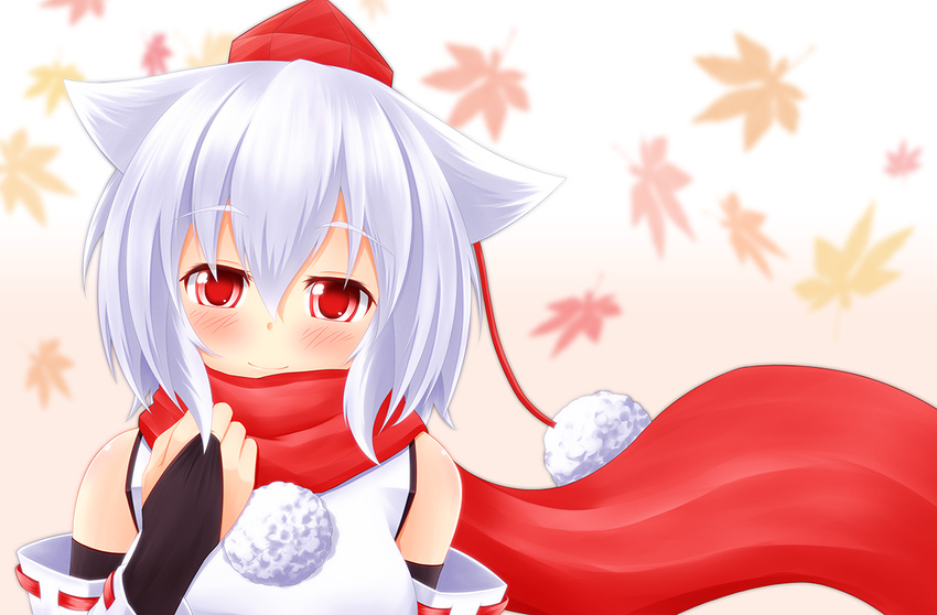 animal_ears autumn_leaves baia bare_shoulders blush breasts detached_sleeves hat inubashiri_momiji leaf looking_at_viewer medium_breasts pink_background pom_pom_(clothes) red_eyes scarf short_hair silver_hair smile solo tokin_hat touhou wolf_ears