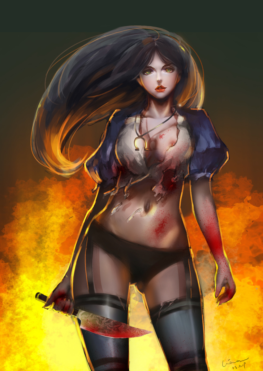 absurdres alice:_madness_returns alice_(wonderland) american_mcgee's_alice black_hair black_legwear black_panties blood bloody_clothes bloody_hands bloody_knife breasts caviar_(lunar_sama) cleavage cleaver contrapposto cowboy_shot dated fiery_background fire garter_straps green_eyes highres jewelry knife large_breasts lips lipstick long_hair looking_at_viewer looking_down makeup midriff navel necklace nipple_slip nipples no_pants nose omega_symbol panties parted_lips pendant red_lipstick shadow signature solo standing thighhighs torn_clothes underwear