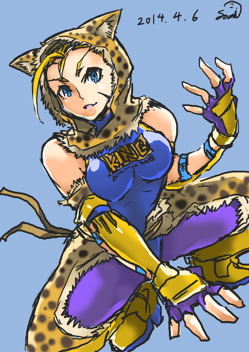 absurdres ahoge alternate_costume animal_hood animal_print blonde_hair blue_eyes bodysuit breasts cammy_white cosplay dated elbow_gloves fingerless_gloves gloves highres hood huge_ahoge king_(tekken) leopard_print samidare_satsuki scar solo squatting street_fighter street_fighter_x_tekken tekken