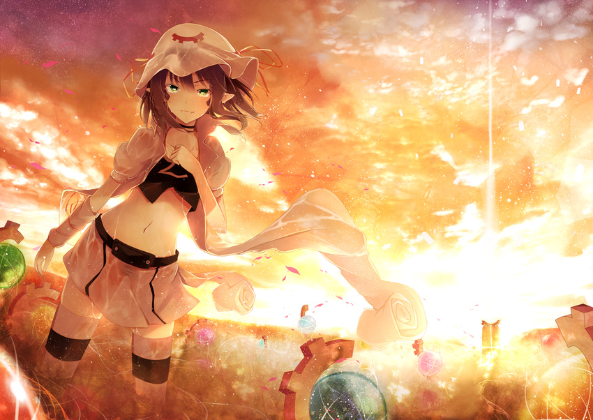 dennryuurai facial_mark green_eyes hat highres light_smile looking_at_viewer merry_nightmare midriff navel pointy_ears purple_hair see-through short_hair smile solo striped striped_legwear sunset thighhighs twilight wading water yumekui_merry