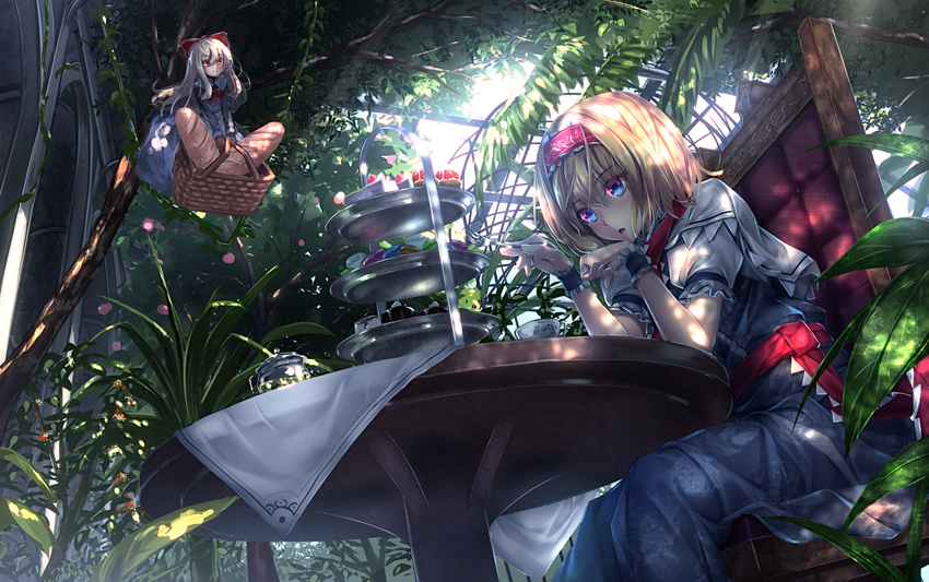 alice_margatroid basket blonde_hair blue_eyes bread cake chair dappled_sunlight dessert floating food fork from_below hairband macaron md5_mismatch ryosios shanghai_doll short_hair sitting solo sunlight table tablecloth tiered_tray touhou wrist_cuffs