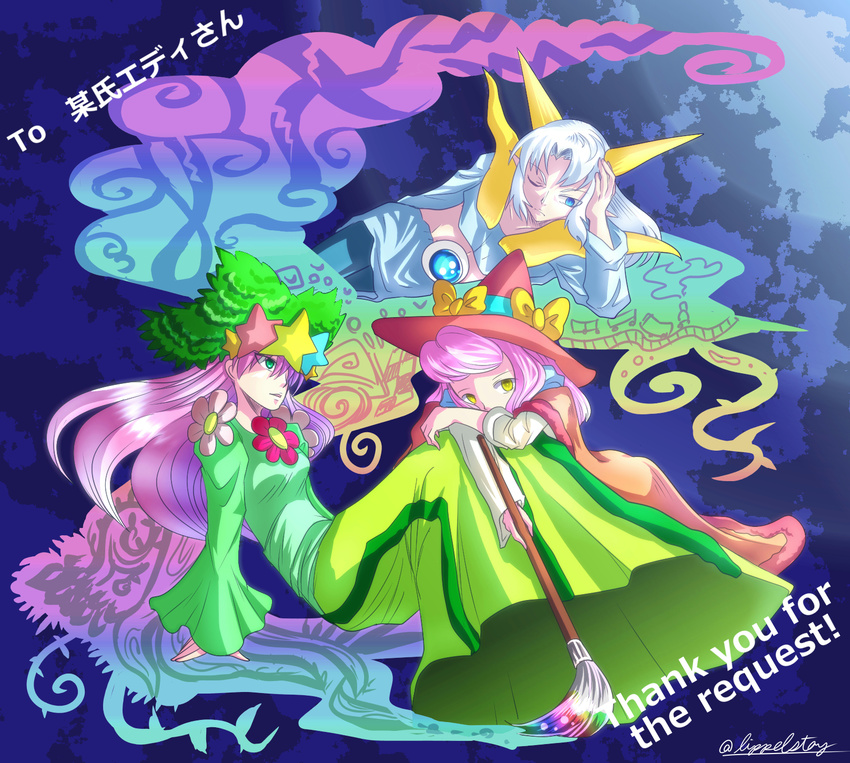 1boy 2girls artist_request blue_eyes bow breasts cape dress flower flowery_woods gold_eyes green_eyes hat highres horns kirby_(series) kirby_triple_deluxe kracko long_hair lying multiple_girls nintendo on_person on_side paintbrush paintra parted_lips personification pink_hair pointy_ears silver_hair sitting wink witch witch_hat yellow_eyes