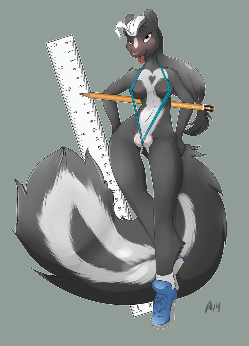 black_fur black_hair clothed clothing female fur grey_background hair mammal micro plain_background severus shoes skimpy skunk socks solo tongue tongue_out white_eyes white_fur