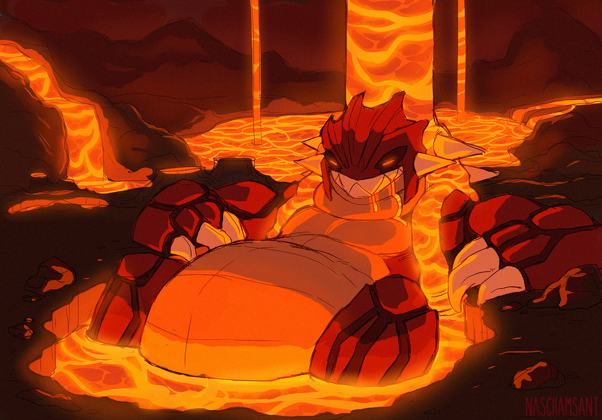 2014 belly cave chubby claws drooling glowing glowing_eyes grin groudon lava legendary_pok&eacute;mon male naschamsant nintendo pok&eacute;mon red_body saliva solo spikes teeth video_games warm_colors