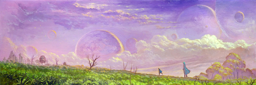 cloud grass kio_naoki moon multiple_moons nature original purple_sky scenery sky traditional_media tree