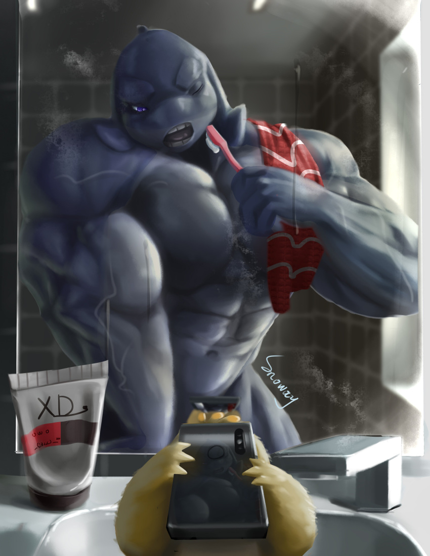 2018 alien annoyed bathroom big_muscles cellphone convenient_censorship disney duo experiment_(species) faucet gantu grey_skin holding_object holding_phone kneeling lilo_&amp;_stitch lilo_and_stitch male mirror muscular muscular_male nude one_eye_closed open_mouth phone purple_eyes reuben signature sink snoway toothbrush towel