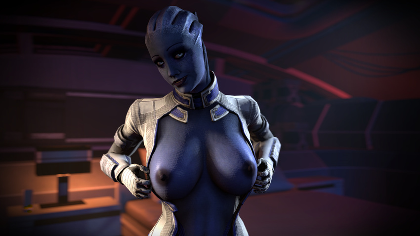 3d alien asari blue_eyes blue_skin breasts cgi epsilon334 exposed female freckles liara_t'soni looking_at_viewer mass_effect nipples presenting solo source_filmmaker
