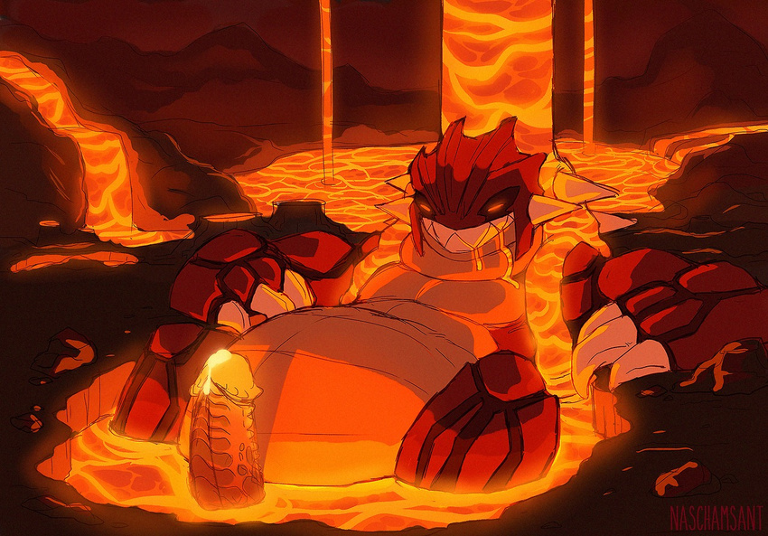 2014 belly cave chubby claws drooling erection glowing glowing_eyes grin groudon lava lava_cum legendary_pok&eacute;mon male naschamsant nintendo penis pok&eacute;mon precum red_body saliva solo spikes teeth video_games warm_colors