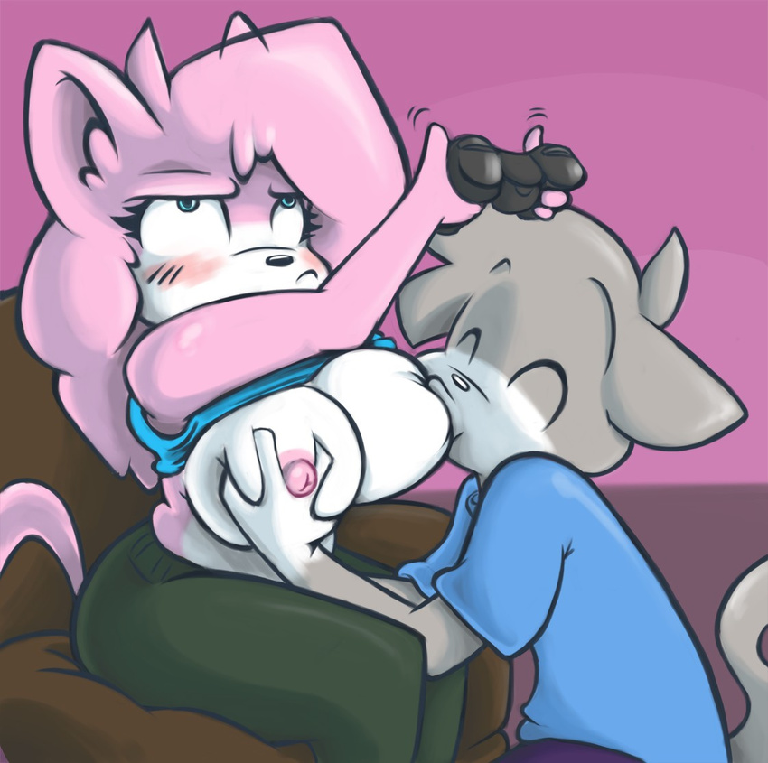 2013 aeris_(vg_cats) annoyed anthro areola big_breasts blue_eyes blush breast_fondling breast_grab breast_suck breastfeeding breasts cat duo erect_nipples feline female fondling game_controller grey_hair hair happy joelasko leo_(vg_cats) male mammal nipples pink_hair smile vg_cats