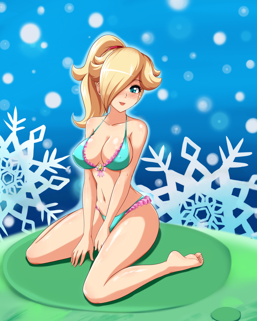 alternate_hairstyle aqua_eyes barefoot between_legs bikini blonde_hair blue_eyes blush breasts cleavage feet frilled_bikini frills front-tie_bikini front-tie_top hair_over_one_eye hand_between_legs hands highres large_breasts long_hair looking_at_viewer navel nintendo open_mouth photoshop ponytail rosalina_(mario) rosetta_(mario) sigurd_hosenfeld sigurdhosenfeld sitting smile soles solo star super_mario_bros. super_mario_galaxy swimsuit toes v_arms wariza