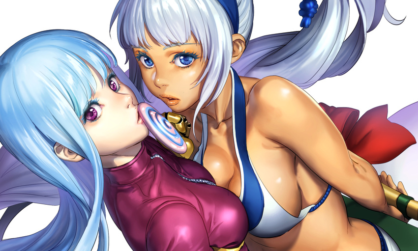 arms_behind_back blue_eyes blue_hair bow candy company_connection crossover dark_skin dutch_angle food gloves hairband jacket jawaco kula_diamond lollipop long_hair looking_at_viewer majikina_mina md5_mismatch multiple_girls ponytail purple_eyes samurai_spirits snk the_king_of_fighters white_background white_hair