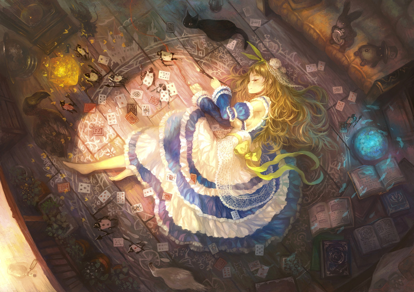 adapted_costume alice_(wonderland) alice_in_wonderland armpits barefoot bird black_cat blonde_hair book bookshelf bottle bow breasts bunny card cat cheshire_cat clock couch curly_hair detached_sleeves dodo_(bird) drawings dress fireflies floor flower flower_pot frilled_dress frilled_sleeves frills from_above globe hair_bow hair_flower hair_ornament hookah indoors lamp long_hair lying mad_hatter medium_breasts on_side paint paintbrush painting plant playing_card red_string ribbon sideboob sleeping smile solo string watch wide_sleeves wooden_floor yoshiku_(oden-usagi)