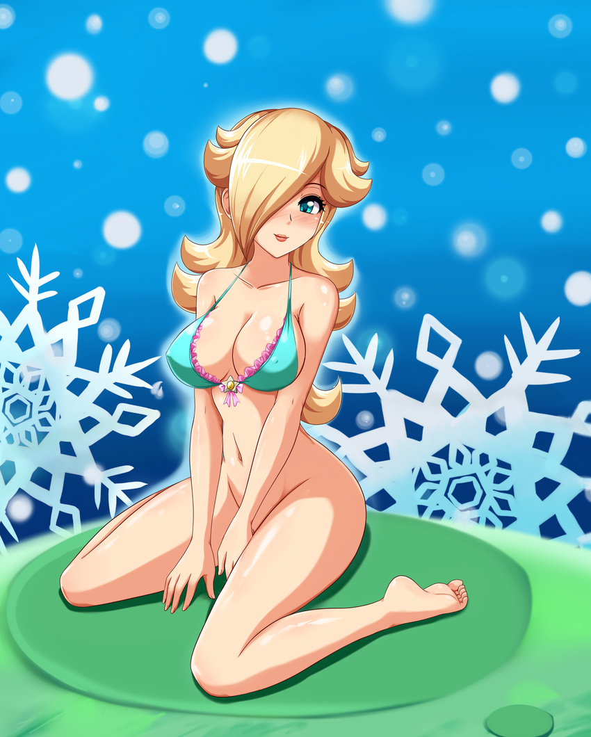 alternate_hairstyle aqua_eyes barefoot between_legs bikini blonde_hair blue_eyes blush bottomless breasts cleavage feet frilled_bikini frills front-tie_bikini front-tie_top hair_over_one_eye hand_between_legs hands highres large_breasts long_hair looking_at_viewer navel nintendo open_mouth photoshop pussy rosalina_(mario) rosetta_(mario) sigurd_hosenfeld sigurdhosenfeld sitting smile soles solo star super_mario_bros. super_mario_galaxy swimsuit toes uncensored v_arms wariza