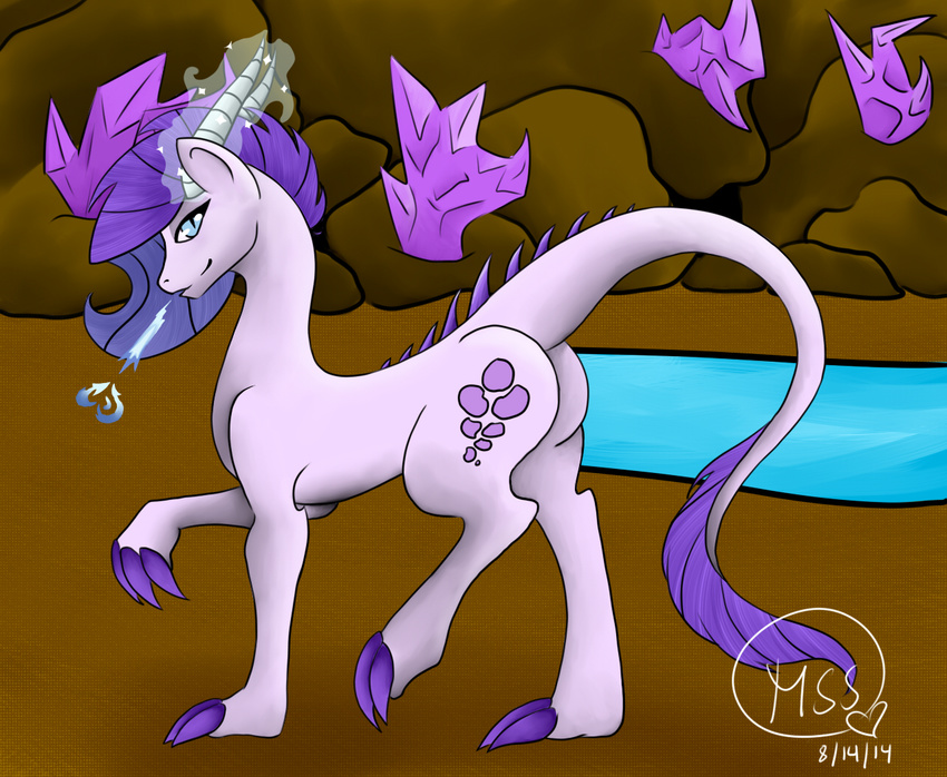 2014 cave claws color crystal_clarity_(mlp) dragon equine female friendship_is_magic gem hair horse hybrid lake looking_at_viewer mammal manestream_studios my_little_pony pony purple_hair scalie standing
