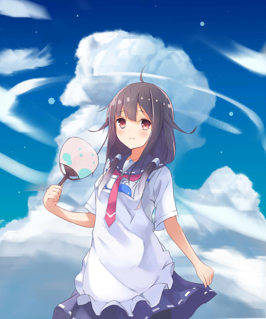 adapted_costume ahoge apron bad_id bad_pixiv_id blue_sky cloud day fan frilled_apron frills hachita_(odangoya) highres jewelry kantai_collection long_hair looking_at_viewer necklace necktie pantyhose paper_fan pleated_skirt purple_hair purple_skirt red_eyes revision sailor_collar short_sleeves skirt skirt_hold sky solo taigei_(kantai_collection) uchiwa