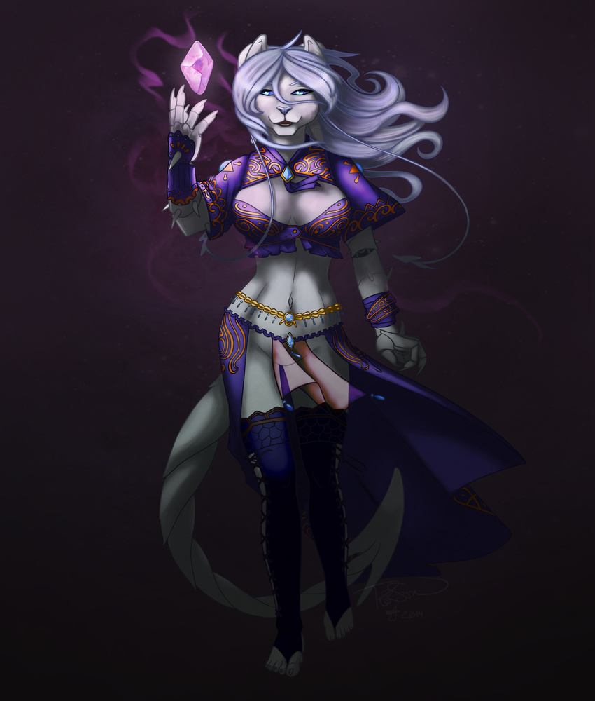 alorah anthro blue_eyes breasts channeling crystal eye_contact female flowing gauntlets hair long_hair looking_at_viewer lord_draconis magic magic_user magical midriff navel ralloonx robes walking white_hair wind
