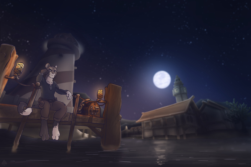 absurd_res clock_tower clothed clothing fek fek_(character) feline hi_res leaning lighthouse male mammal moon night outside sitting solo stars video_games water