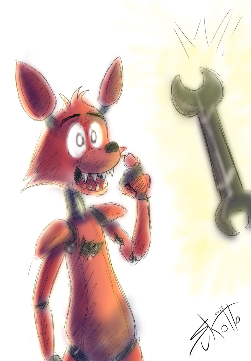 2014 canine coyote five_nights_at_freddy's foxy_(fnaf) machine mammal mechanical pirate_cove_coyote robot scottfraser sharp_teeth solo teeth wrench