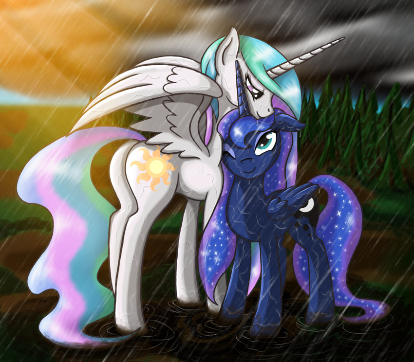 2014 duo equine female feral friendship_is_magic horn horse mammal my_little_pony nalesia pony princess_celestia_(mlp) princess_luna_(mlp) rain winged_unicorn wings