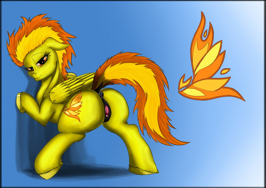 abstract_background anus back_turned bedroom_eyes butt clitoris cutie_mark equine exelzior-maximus feathers female friendship_is_magic fur hair hooves looking_at_viewer mammal my_little_pony orange_eyes orange_hair pegasus presenting presenting_hindquarters pussy raised_tail smile solo spitfire_(mlp) two_tone_hair wings wonderbolts_(mlp) yellow_fur