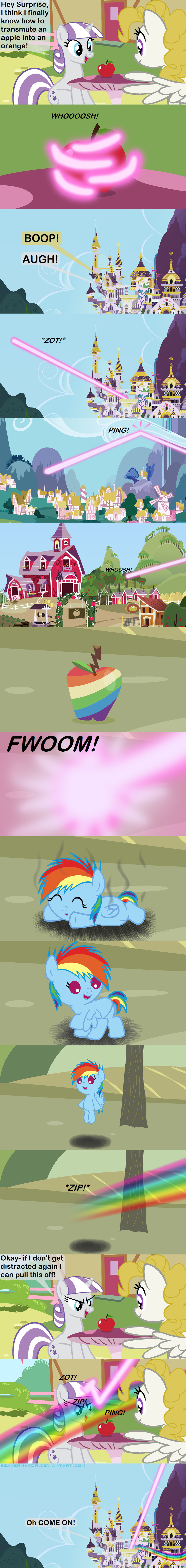 2014 apple barn beam beavernator blonde_hair blue_eyes canterlot comic cutie_mark english_text equine female feral flying friendship_is_magic fruit glowing hair horn horse magic mammal my_little_pony pegasus pony ponyville purple_eyes purple_hair rainbow rainbow_dash_(mlp) surprise_(mlp) text twilight_velvet_(mlp) unicorn well white_hair wings young zap_apple