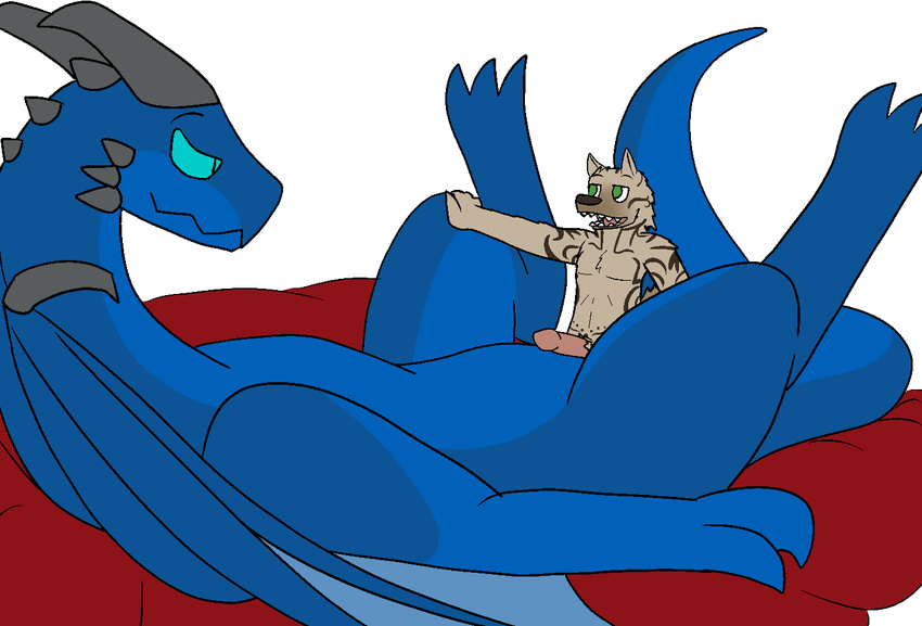 2014 aliasing anthro bed canine claws dragon duo erection female feral fur gnoll horn hyena imminent_sex interspecies lolori lying male mammal nude on_back open_mouth penis plain_background reptile scalie seeker size_difference spread_legs spreading teeth trout_(artist) wings