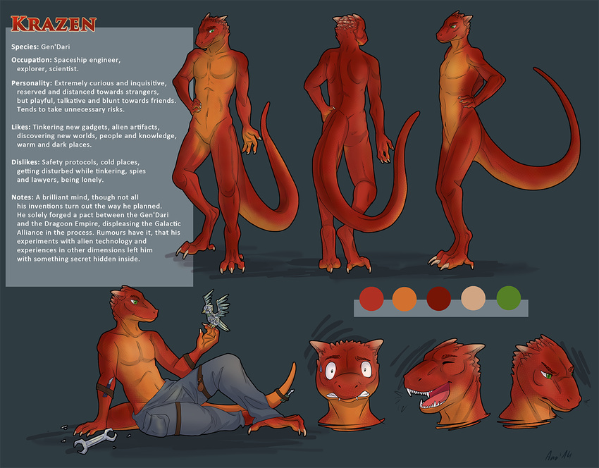 2014 anabel anthro claws clothed clothing horn krazen lizard male model_sheet nude open_mouth presenting red_skin reptile scalie solo teeth text