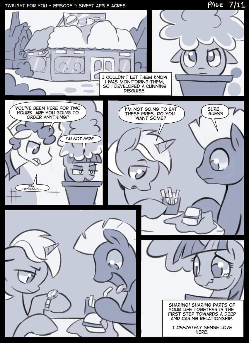 2014 burger comic dialog earth_pony english_text equine female flower flower_pot food friendship_is_magic fries gsphere hat horn horse inside male mammal mohawk monochrome my_little_pony plant pony spying tears text thunderlane_(mlp) twilight_sparkle_(mlp) unicorn watch winged_unicorn wings