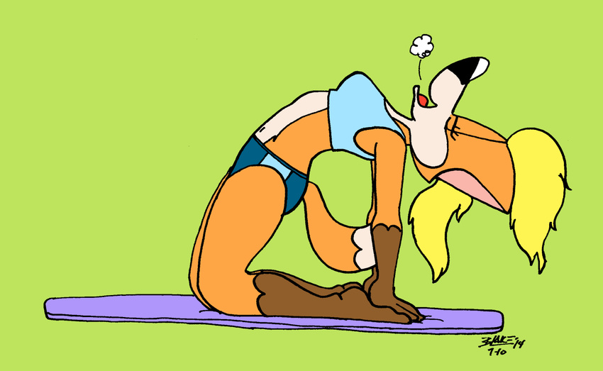 aimee_fizuth backbend blonde_hair camel_pose canine clothing female fox hair kneeling leaning mammal ponytail robert_blake shirt solo speedo swimsuit tank_top trbb world_of_fizz yoga