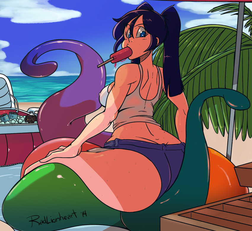 2014 aitako alternate_hairstyle ass back beach black_hair blue_eyes borrowed_character breasts butt_crack consensual_tentacles covered_nipples day eyelashes food food_in_mouth large_breasts long_hair mouth_hold ocean original popsicle radlionheart schoolgirls_love_tentacles shade shirt short_shorts shorts sitting sitting_on_person summer sweat tentacles twintails wet wet_clothes wet_shirt wiggles