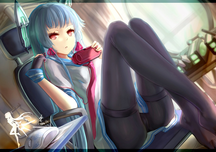 aqua_hair bangs black_gloves black_legwear blunt_bangs chair dress earphones fingerless_gloves gloves handheld_game_console headgear kantai_collection knees_up legs_up long_hair looking_at_viewer machinery mouse_(computer) murakumo_(kantai_collection) neckerchief no_shoes panties panties_under_pantyhose pantyhose playstation_vita red_eyes sailor_collar sailor_dress single_earphone_removed sitting solo thighband_pantyhose underwear wangchuan_de_quanyan