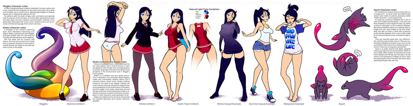 aitako alternate_costume alternate_hairstyle alternate_legwear ass bangs barefoot black_hair blue_eyes breasts casual character_sheet color_guide competition_swimsuit denim denim_shorts dress english highres ian_chase loafers long_hair long_legs monster naked_shirt necktie no_panties one-piece_swimsuit original panties pantyhose parted_bangs pleated_skirt ponytail school_uniform schoolgirls_love_tentacles shirt shoes shorts skirt small_breasts sneakers solo_focus spaghetti_strap sweater sweater_dress swimsuit t-shirt tank_top thighhighs turtleneck twintails underwear waking_up wiggles