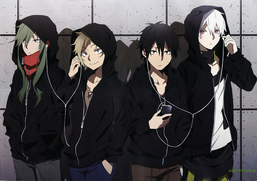 3boys black_hair blonde_hair cellphone earphones green_hair hands_in_pockets hood hoodie kagerou_project kano_shuuya kido_tsubomi kisaragi_shintarou konoha_(kagerou_project) long_hair multiple_boys official_art phone red_eyes scan scan_artifacts shared_earphones short_hair smartphone smile white_hair