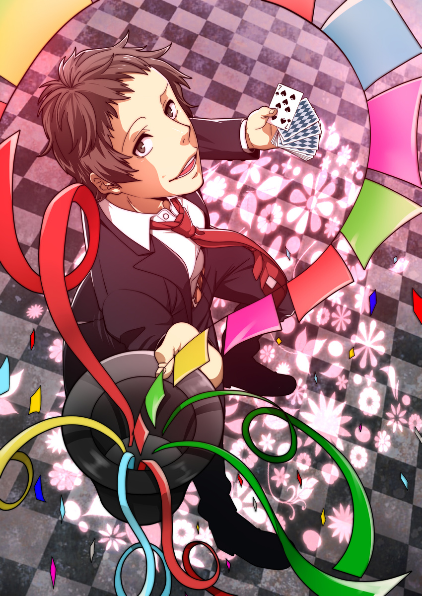 absurdres adachi_tooru bad_id bad_pixiv_id black_hair card confetti formal hat highres magic_trick male_focus necktie open_mouth persona persona_4 playing_card smile solo suit tasuku top_hat