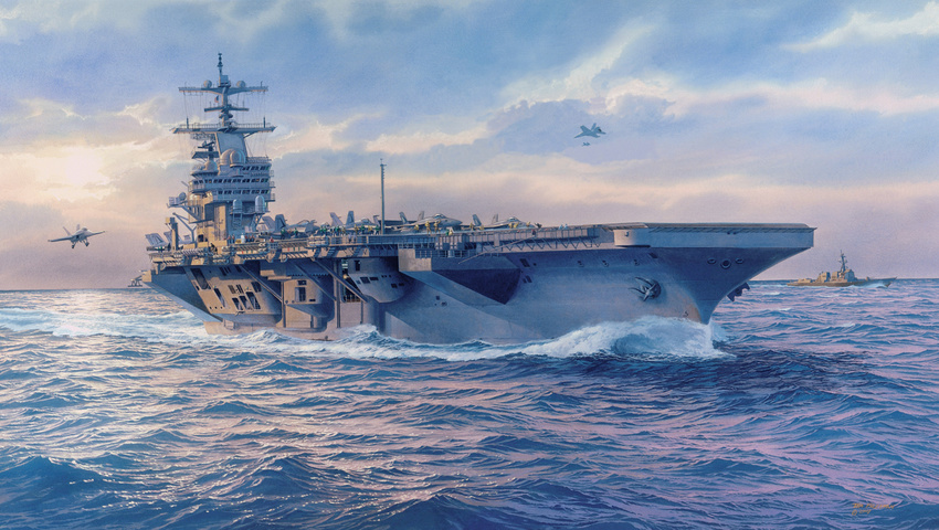 aircraft airplane bad_id bad_pixiv_id carrier destroyer f-18_hornet fighter_jet highres jet military military_vehicle multiple_boys ocean original outdoors ship sky tom_freeman uss_george_h.w._bush_(cvn-77) warship watercraft