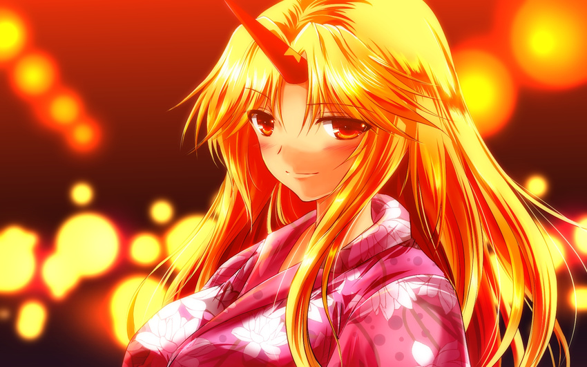 alternate_costume blonde_hair highres horn hoshiguma_yuugi japanese_clothes kimono long_hair nekominase red_eyes touhou