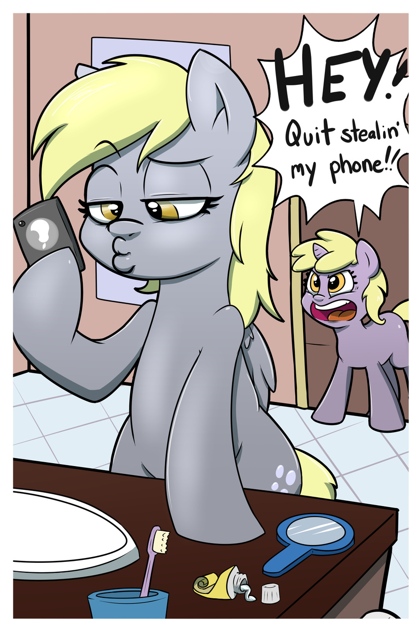 2014 bathroom blonde_hair cellphone cutie_mark derpy_hooves_(mlp) dinky_hooves_(mlp) duckface duo english_text equine female friendship_is_magic hair horn mammal mirror mother_and_daughter my_little_pony pegasus phone selfie strangerdanger text toothbrush toothpaste unicorn wings yellow_eyes
