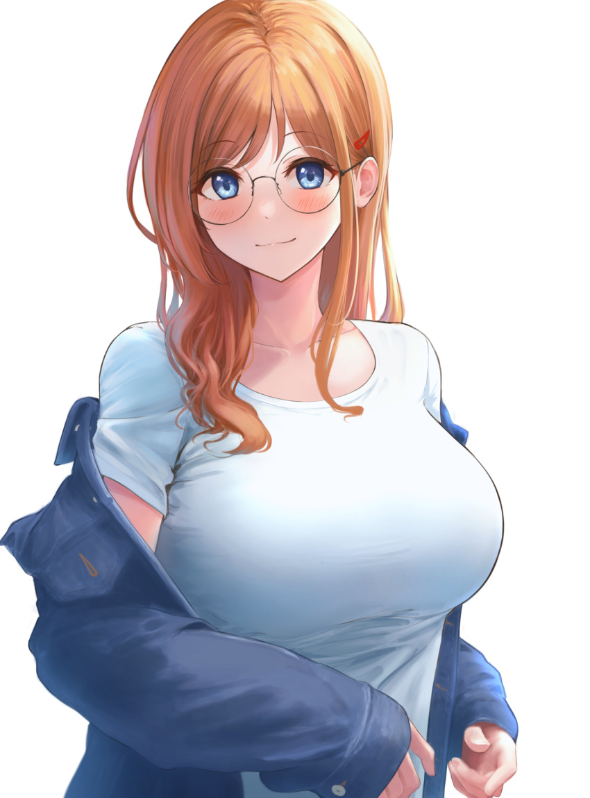 1girl akiyama_akane blue_eyes blush breasts collarbone denim denim_jacket glasses highres jacket large_breasts light_smile looking_at_viewer orange_hair original shirt simple_background solo upper_body wavy_hair white_background white_shirt yukimaru_ai