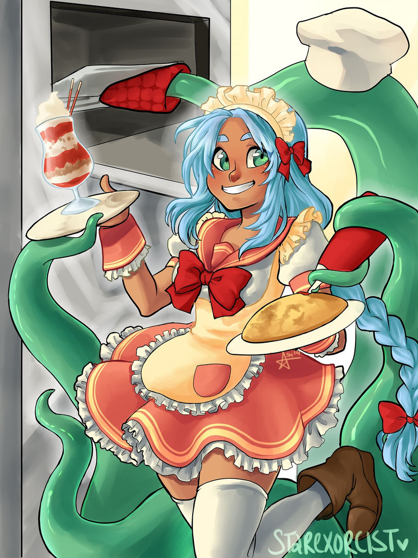ankle_boots apron aqua_hair ashley_ann_swaby boots bow braid breasts chef_hat dark_skin food frills green_eyes grin hair_bow hat highres ketchup long_hair maid maid_headdress omurice oven oven_mitts parfait sailor_collar schoolgirls_love_tentacles single_braid small_breasts smile solo_focus tentacles thighhighs waitress white_legwear zettai_ryouiki