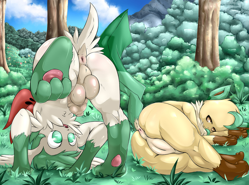 :o anus balls brown_eyes eeveelution female flaccid floorninja forest grass green_eyes leafeon male mammal nintendo paws penis pok&eacute;mon pussy shaymin three_toes tree uncut video_games