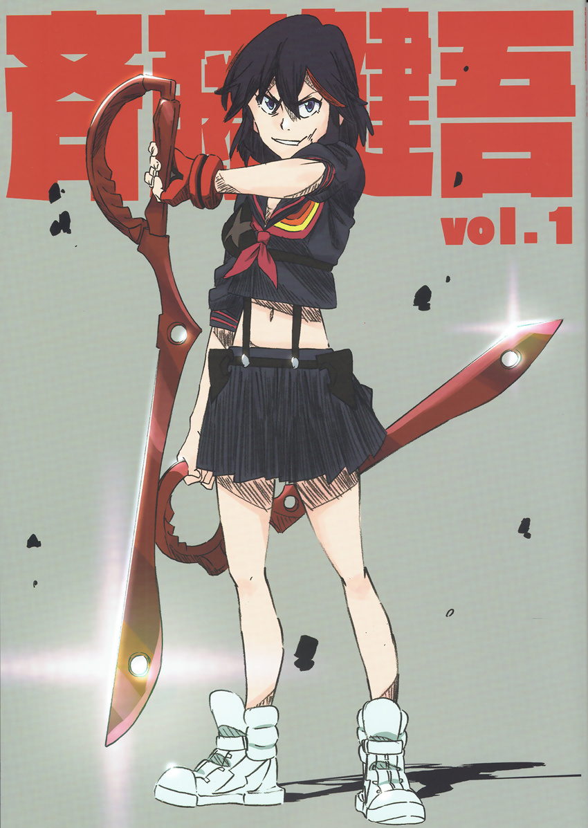 artist_name full_body grey_background highres kengo kill_la_kill matoi_ryuuko multicolored_hair official_art scissor_blade shoes simple_background skirt sneakers solo two-tone_hair